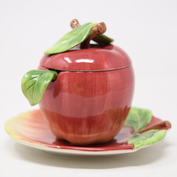 VTG Apple Shaped Jam Jar Lid Plate Spoon Cottagecore Farmhouse Granny Condiment - Picture 2 of 15